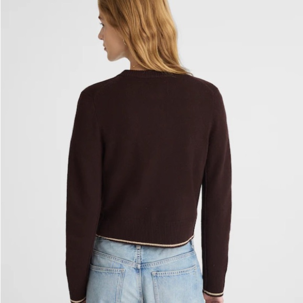 Madewell Cashmere Dark Brown Crewneck Button-Front Cardigan with Cream Trim - Picture 3 of 5